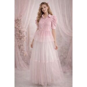 Ekaliy Coquette Sheer Pink Tulle Blouse Womens M